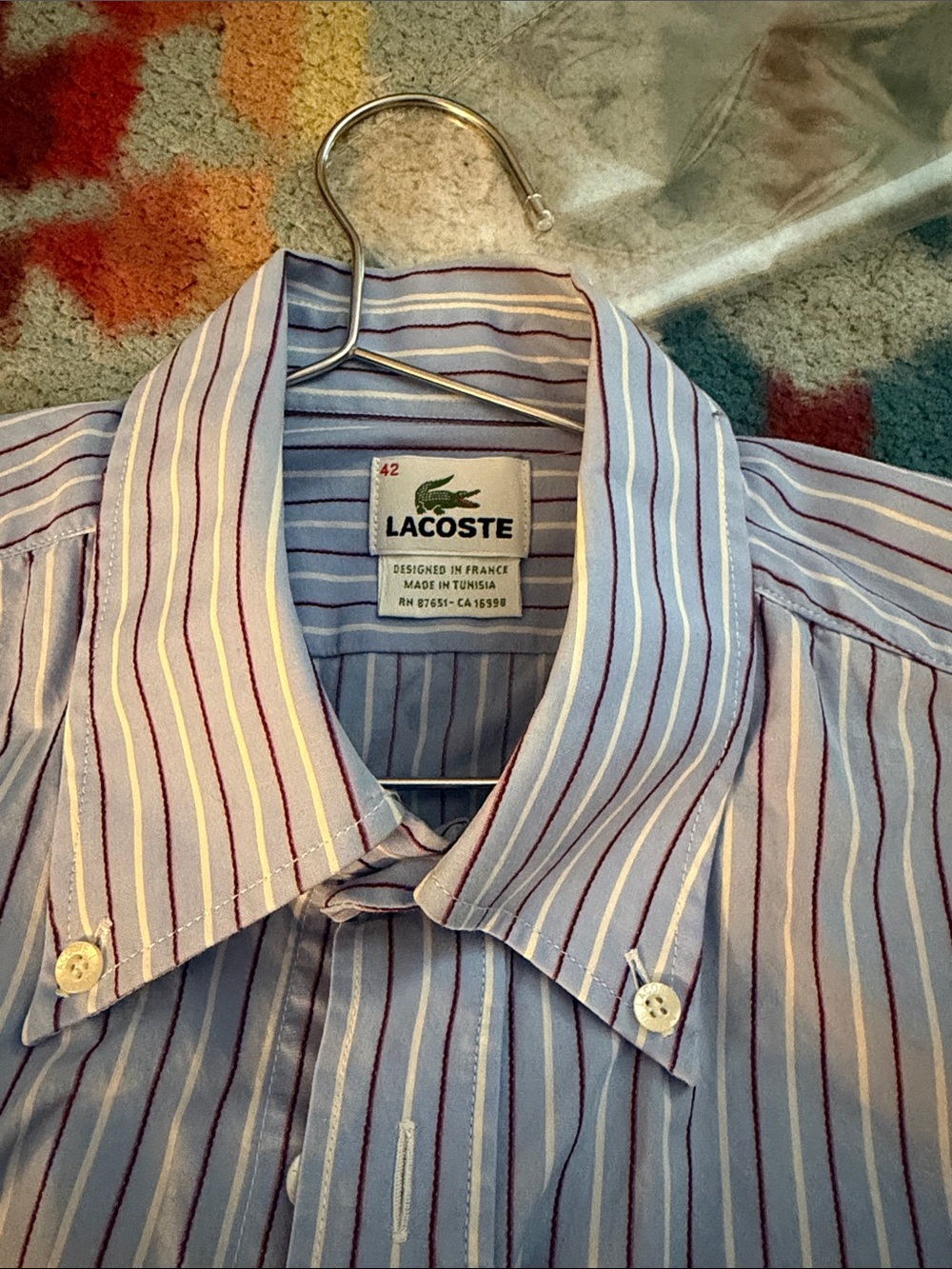 Lacoste Light Blue Striped Dress Shirt with Burgundy & White Stripes
